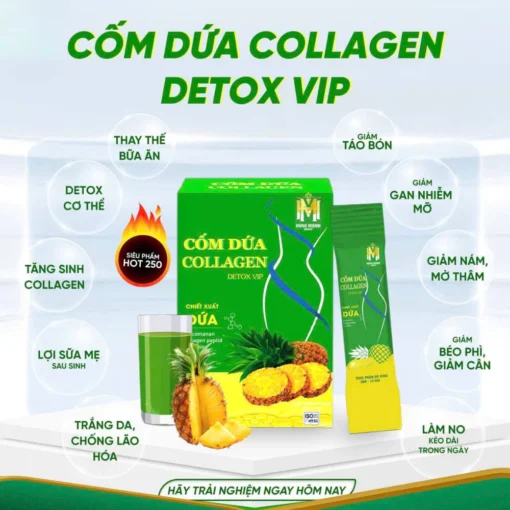 Cốm Dứa Collagen Detox Vip, Detox dứa bổ sung collagen, làm đẹp da, đẹp dáng, chống lão hoá da